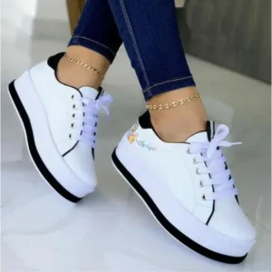 Primeloafer Women'S Fashion Round Toe Thick Sole Shallow Lace-Up Casual Sneakers