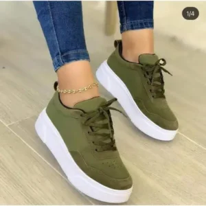 Primeloafer Women'S Fashion Casual Round Toe Thick-Soled Lace Up Canvas Sneakers