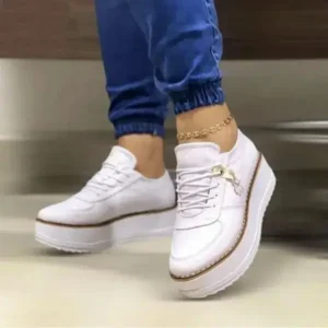 Primeloafer Women Fashion Round Toe Solid Color Pu Hidden Wedge Lace-Up Low Top Sneakers Shoes