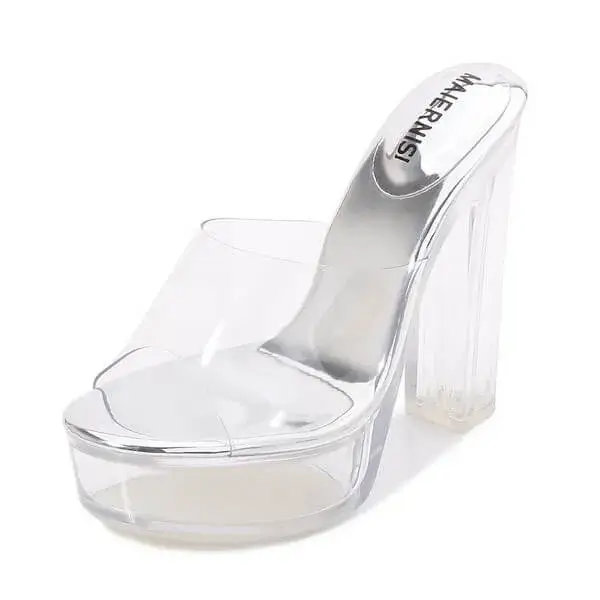 Primeloafer Women Fashion Plus Size Transparent Crystal Chunky Heel Platform High