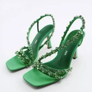 Primeloafer Women Fashion Plus Size Sexy Rhinestone Strap Square Toe Heeled Sandals