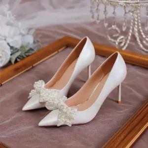 Primeloafer Women Fashion Sexy Pointed Satin Pearl Pointed Toe Shoes