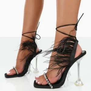 Primeloafer Women Fashion Sexy Rhinestone Feather Decorative Solid Color High Heel Sandals Shoes