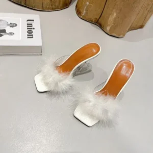 Primeloafer Women Fashion Sexy Feather Decoration Solid Color Chunky High Heel Slippers Shoes