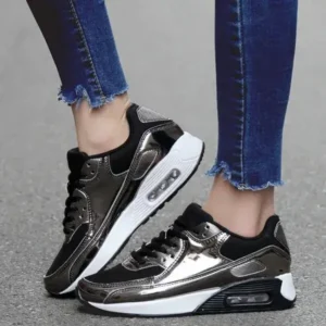 Primeloafer Women Casual Sports Lace Up Design Shiny Air Cushion Platform Sneakers