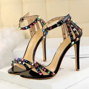 Primeloafer Fashion Women Sexy 11cm High Heels Rivets Studded Sandals Ankle Buckle Strap Stiletto Shoes