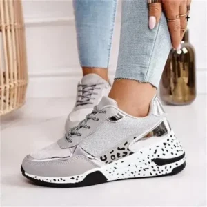 Primeloafer Women Fashion Casual Leopard Print Color Matching Lace-Up Platform Sneakers