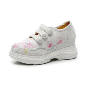 Primeloafer Women Casual Flower Embroidered Round Toe Platform Canvas Sneakers