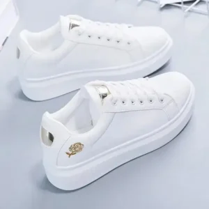 Primeloafer Women Casual Fashion Rose Embroidery Thick-Soled Comfortable PU Leather White Sneakers