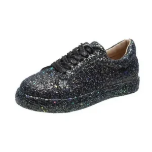 Primeloafer Women Creative Casual Sequined Solid Color Lace-Up Low-Top Flat Sneakers