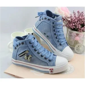 Primeloafer Women Casual Spring Zipper Decor Lace-Up High Top Denim Canvas Sneakers