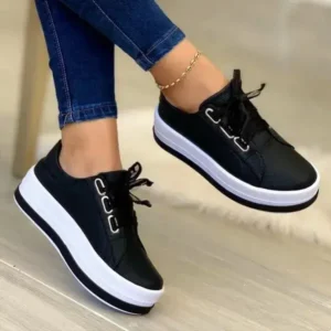 Primeloafer Women Casual Round Toe Lace-Up Block Color Platform Shoes PU Sneakers