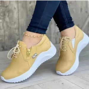 Primeloafer Women Casual Round Toe Low Cut Lace-Up PU Side Zipper Design Solid Color Sneakers