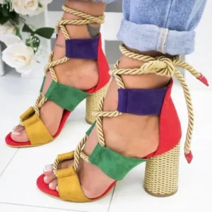 Primeloafer Women Fashion Sexy Cross Hollow Lace Up Design Color Blocking High Heel Sandals Shoes