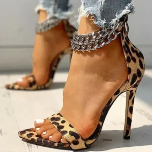 Primeloafer Women Sexy Metal Chain Buckle Ankle Strap Animal Printed High Heels