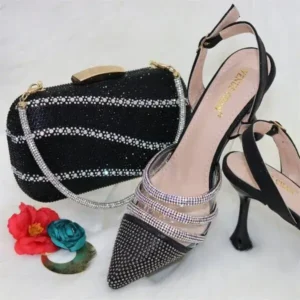 Primeloafer Women Classic Black Pointed Shoes Transparent Pvc Rhinestone Chain Square Hand Bag Set