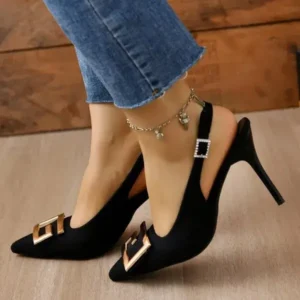 Primeloafer Summer Women Fashion Casual Plus Size Solid Color Pointed Toe Metal Buckle Sling Back High Heel Sandals