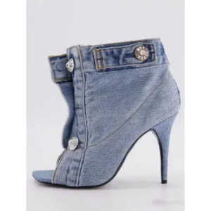 Primeloafer Women Fashion High Heel Denim Button High Top Boots