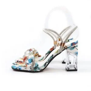 Primeloafer Women Fashion Sexy PU Rhinestone Floral Printed Square Toe Chunky Heel ?Sandals