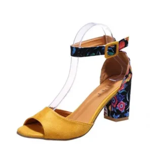 Primeloafer Women Fashion Sexy PU Floral Printed Peep Toe Chunky Heel Ankle Strap Buckle Sandals