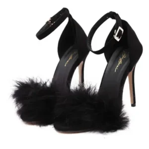 Primeloafer Women Fashion Sexy PU Solid Color Feather Peep Toe Stiletto Heel Ankle Strap Buckle Sandals