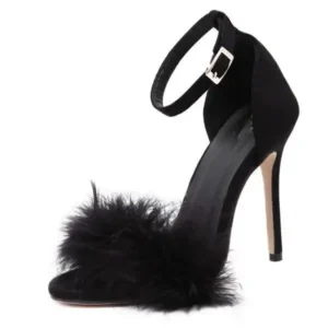 Primeloafer Women Fashion Sexy Solid Color Feather Peep Toe Stiletto Heel Ankle Strap Buckle Sandals