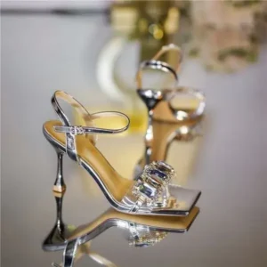 Primeloafer Women Fashion Sexy PU Rhinestone Square Toe Ankle Strap Buckle Stiletto Heel Sandals