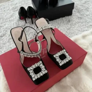 Primeloafer Women Fashion Elegant PU Square Toe Rhinestone Stiletto Heel Ankle Strap Buckle Sandals