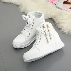 Primeloafer Women Fashion Solid Color Side Zipper Lace-Up Round Head Thick-Soled Sneakers