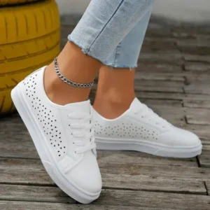 Primeloafer Women Fashion Solid Color Plus Size Hollow Lace-Up Round-Toe Sneakers