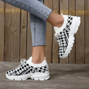 Primeloafer Summer Women Fashion Casual Geometric Print Fly-Woven Lace-Up Sneakers