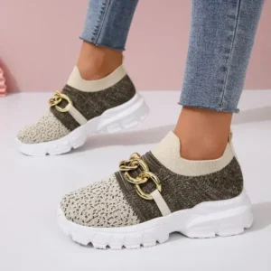 Primeloafer Women Fashion Color Block Metal Chain Thick-Soled Breathable Fly-Woven Sneakers