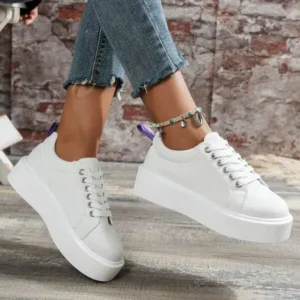 Primeloafer Women Fashion Solid Color Round-Toe Lace-Up Thick-Soled Sneakers