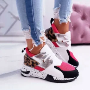 Primeloafer Women Casual Leopard Printed Patchwork Lace Up Sneakers