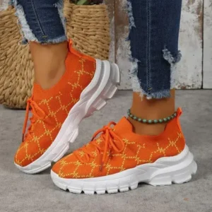 Primeloafer Women Fashion Plus Size Casual Flying Woven Lace-Up Round Toe Sneakers