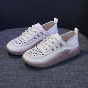 Primeloafer Women Fashion Casual Solid Color PU Lace-Up Hollow Breathable Sneakers