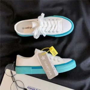 Primeloafer Women Fashion Cream Blue Canvas Lace-Up Sneakers