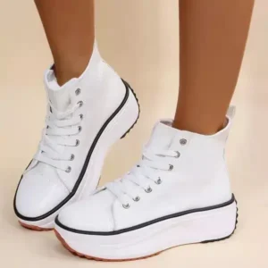 Primeloafer Women Fashion Platform Round Toe Canvas Lace Up Sneakers