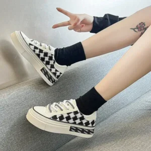 Primeloafer Women Fashion Platform Checkerboard Canvas Sneakers