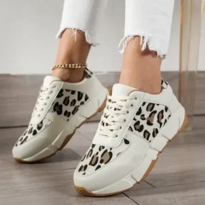 Primeloafer Women Fashion Round Toe Stitching Lace Up Low Top Leopard Sports Sneakers